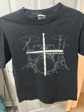 Jerzees Black Tee with White Drum Set Graphic